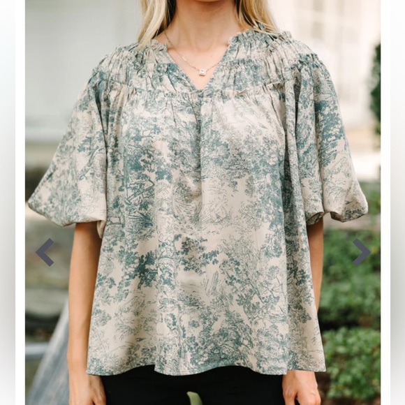Entro forest green toile puff sleeve blouse - Picture 1 of 4